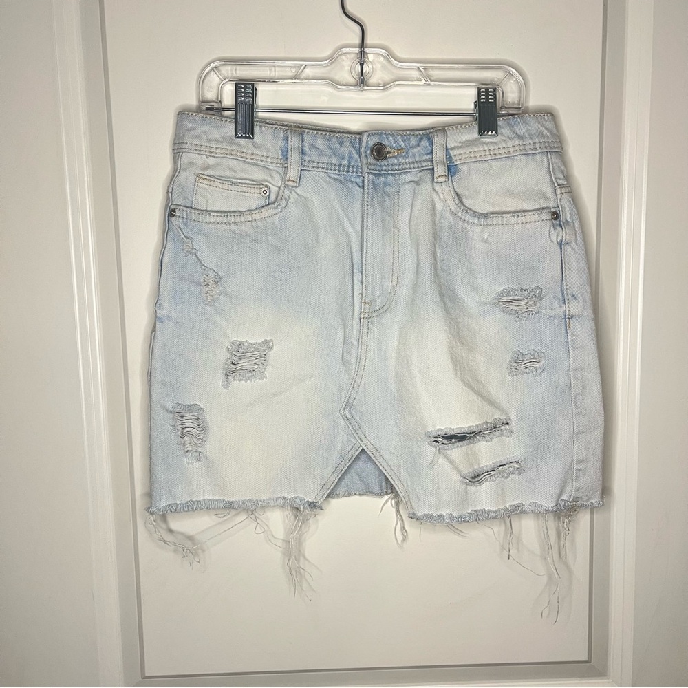 Zara Womens Trafaluc Mini Light Wash Denim Raw Hem Distressed Skirt XS